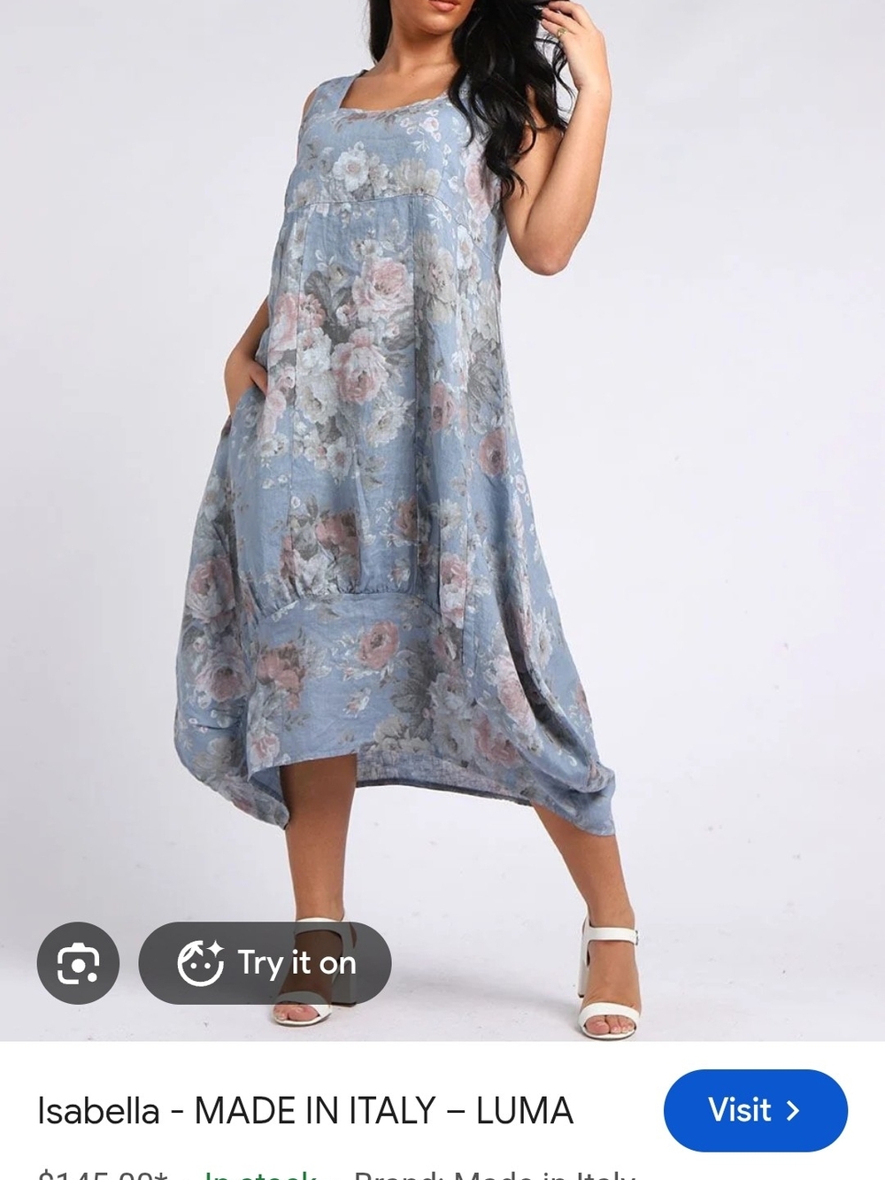 Luma Fashion Made In Italy Isabella Dusty Blue Floral Midi Dress. 100% Linen. OS